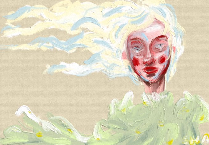 An expressive painting features a figure with flowing blonde and blue hair, rosy cheeks, and a green ruffled top against a beige background, signed 'SMA' in the corner.