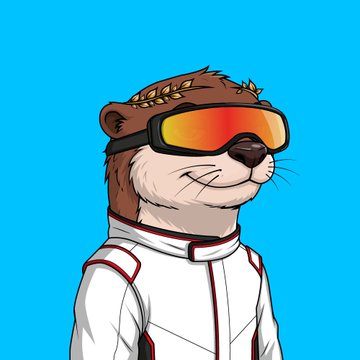 An animated illustration of an otter wearing orange-tinted ski goggles and a white athletic jacket with red trim, set against a bright blue background.