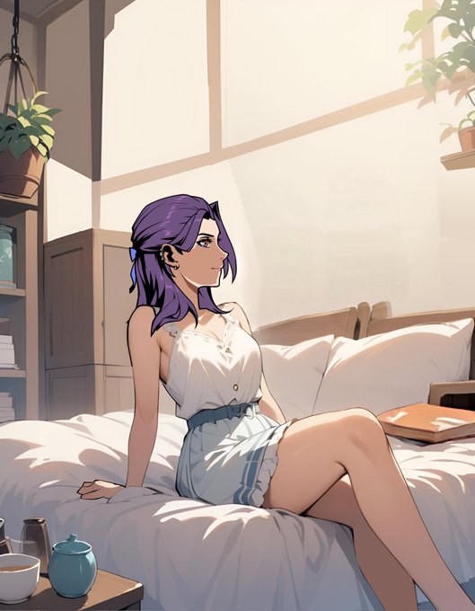 Anime-style illustration of a purple-haired woman in a white top and skirt sitting on a sunlit bed in a cozy bedroom with hanging potted plants and tea cups on a nearby table.