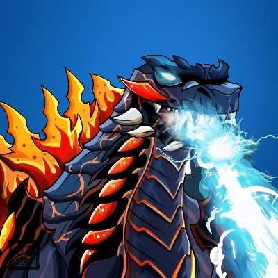 An illustrated image of a dragon-like monster with dark armor, glowing blue eyes, fiery orange spikes along its back, and blue lightning energy emanating from its mouth.