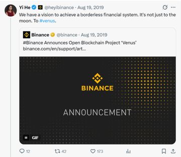 This image shows a Binance announcement about "Project Venus" from August 19, 2019, with Yi He stating their vision for a borderless financial system, relating to the mention of "$VenusCoin" and Binance's involvement.