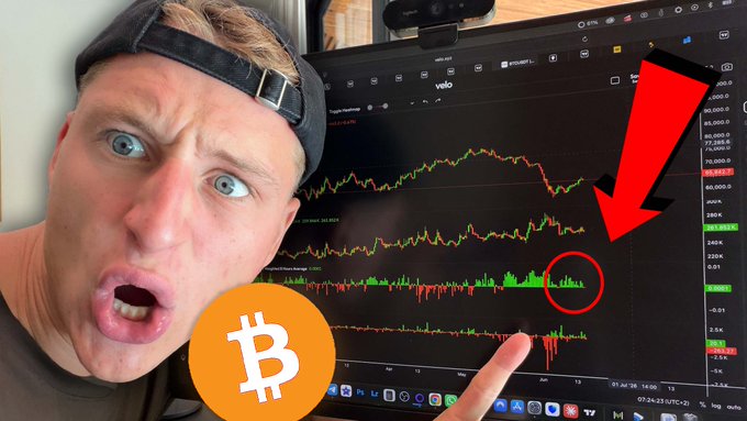 In the image, a man wearing a baseball cap is pointing at an image of Bitcoin prices displayed on a computer screen. The post shows that the next move in the cryptocurrency market will be obvious. It appears that the next bitcoin price change will occur soon after this moment, making it crucial for people to watch and make informed decisions about their investments or trading strategies in this particular timeframe.