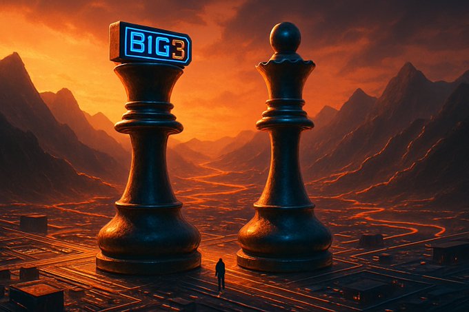 A dramatic digital artwork showing a tiny silhouetted figure standing between two giant black chess king pieces on a circuit-board-patterned platform, with a glowing 'BIG 3' neon sign against a fiery orange sunset sky.