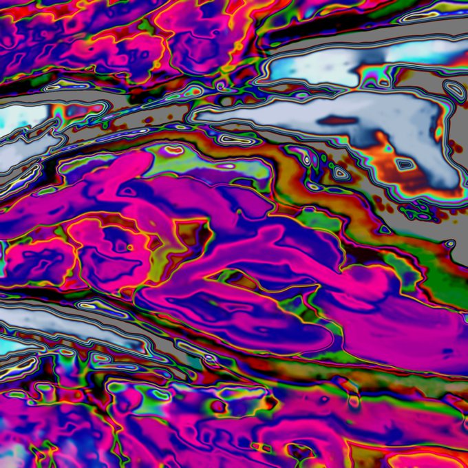An abstract psychedelic image with swirling distorted patterns in vibrant magenta, blue, green, yellow, and gray colors.