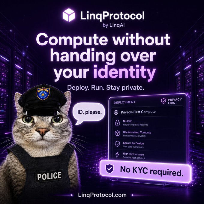 An advertisement for LinqProtocol by LinqAI featuring a cat dressed as a police officer asking for 'ID, please.' with the headline 'Compute without handing over your identity' and a 'No KYC required' callout.
