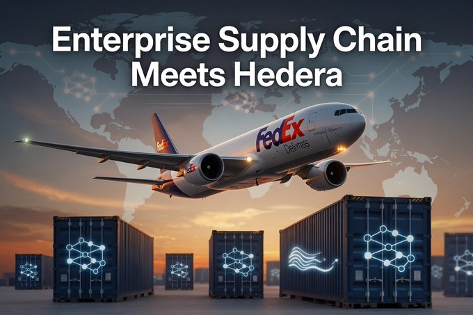An advertisement titled 'Enterprise Supply Chain Meets Hedera' shows a FedEx cargo plane flying over shipping containers marked with blockchain and Hedera logos.