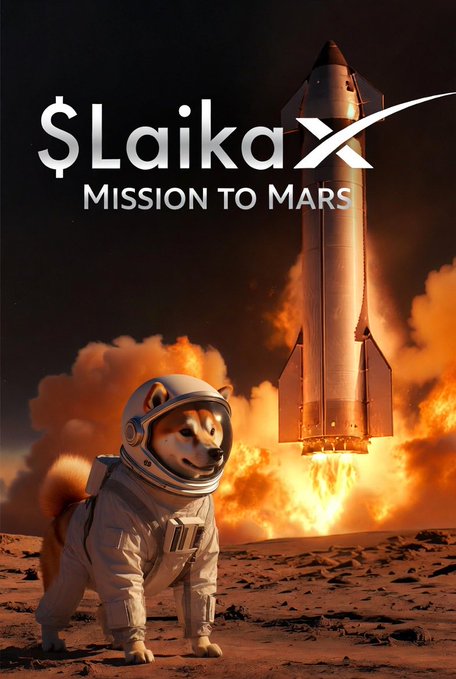A promotional poster for '$Laika' featuring a Shiba Inu dog in an astronaut suit standing on Mars with a rocket launching in the background, titled 'Mission to Mars'.