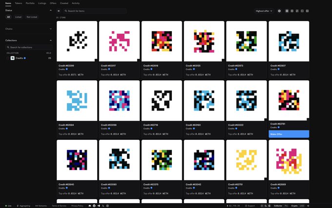 A dark-mode NFT collection page displaying a grid of pixel-art CryptoPunks, with one item (Cred #2777) highlighted in a 'Make Offer' menu.