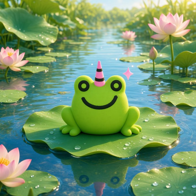 A 3D-rendered cute green frog with a smiling face and a pink party horn on its head sits on a lily pad in a serene pond surrounded by pink lotus flowers and water lilies.