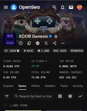 The image shows a smartphone screen displaying information about an XOOB Genesis marketplace. The viewer can see various details such as item prices, holders, NFTs already traded, and ETH volumes. Some NFTs have a similar value or are more rare, which could be interesting for someone engaging with the market.