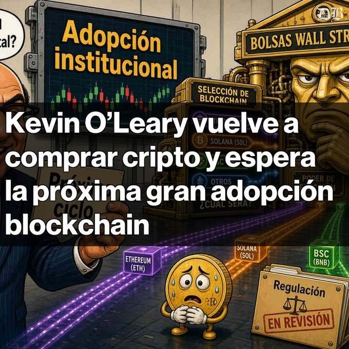 A cartoon-style news graphic titled 'Kevin O'Leary vuelve a comprar cripto y espera la próxima gran adopción blockchain' featuring characters from Wall Street, with labels like 'Adopción institucional', 'BOLSAS WALL STREET', 'SELECCIÓN DE BLOCKCHAIN', and cryptocurrency boxes including 'ETHEREUM (ETH)', 'SOLANA (SOL)', and 'BSC (BNB)'.