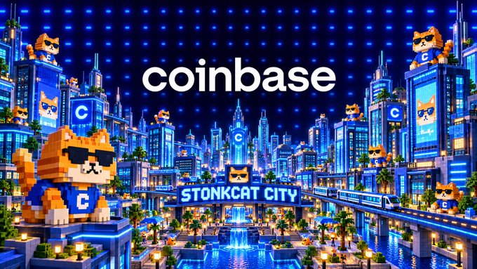 A vibrant digital artwork illustrates a nighttime cityscape named 'STONKCAT CITY', featuring pixel-art cats wearing sunglasses perched on skyscrapers alongside the Coinbase logo.