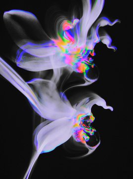 An abstract digital artwork featuring flowing iridescent rainbow smoke or fluid formations against a solid black background.