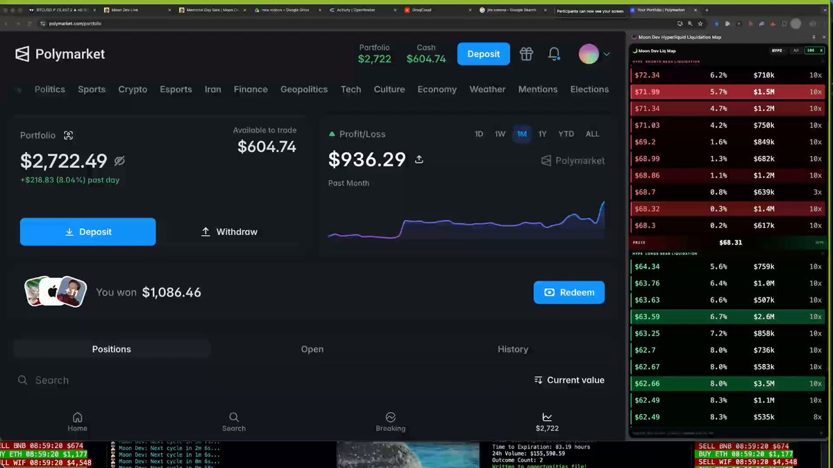 The image shows a computer screen with an active stock trading site, displaying information about trade data for Polymarket. The monitor's display has a green status bar at the top showing that the computer is running. In the browser window on this page, there are two images of different objects such as a light and a cup. There is also text present on the screen which says "THIS GUY SHOWED HOW TO USE OPUS 4.8 TO TRADE ON POLYMARKET". The focus should be on these details to understand how to use Opus for stock trading or any other similar purpose.