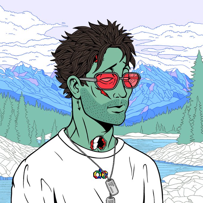 An illustration of a green-skinned man with red sunglasses, a beard, and dog tags, set against a mountain lake landscape.