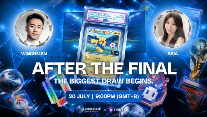The image promotes a live event titled "AFTER THE FINAL: THE BIGGEST DRAW BEGINS," hosted by Winchman and Aria, featuring a PSA 10 Pikachu card as the main prize. The event is scheduled for 20 July at 9:00 PM (GMT+8), presented by Finalis.xyz in collaboration with Firefly.