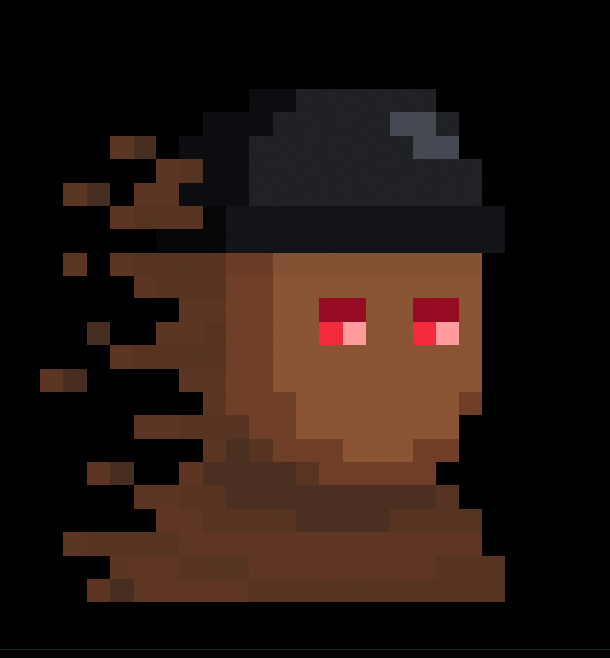 A pixel art rendering of a Minecraft character's head and shoulders, featuring brown skin, dark hair or head covering, and red eyes against a black background.