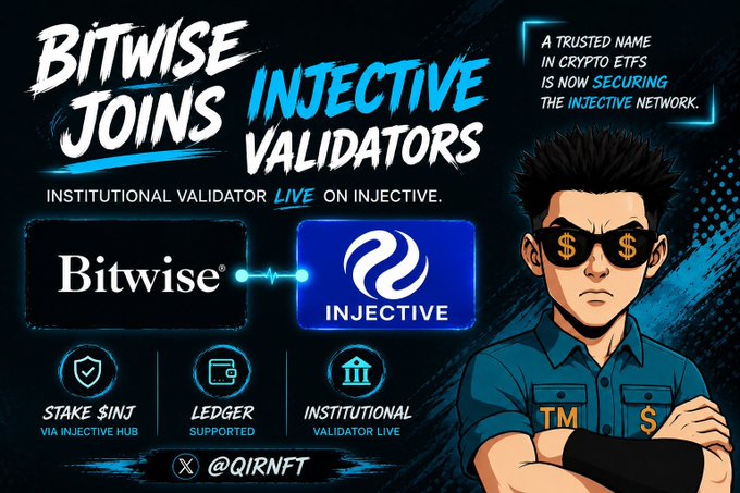 An advertisement graphic reading 'Bitwise Joins Injective Validators' featuring logos for Bitwise and Injective, alongside a cartoon character wearing dollar sign sunglasses.