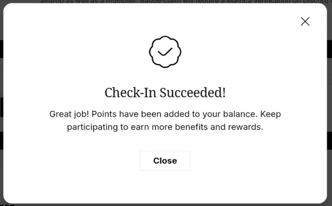 A 'Check-In Succeeded!' confirmation popup from what appears to be the Mantra platform, indicating points have been added to the user's balance.