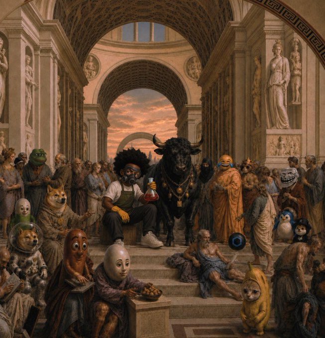 A surreal AI-generated artwork styled like a classical Renaissance painting, depicting a diverse crowd of people wearing various meme and pop culture masks, including a Shiba Inu dog and a Troll face, gathered in a grand architectural setting with a bull at the center.