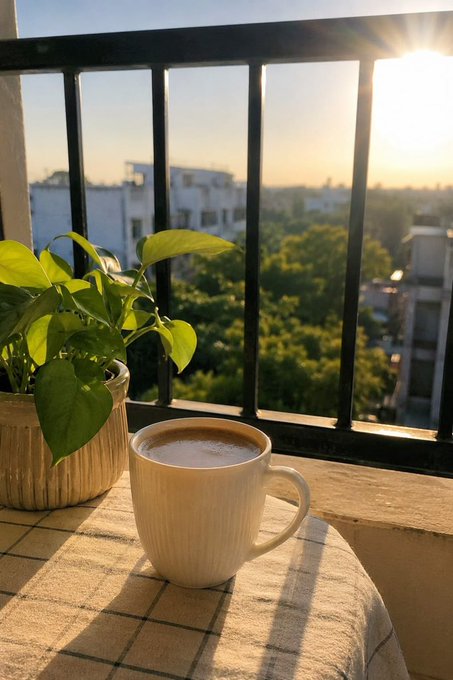 A white ceramic mug of frothy coffee sits on a checkered cloth beside a potted green plant on a balcony, with a sunset view over a cityscape and trees in the background.