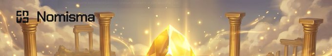 A golden banner displaying the 'Nomisma' logo with a geometric icon, set against a backdrop of classical columns and a glowing yellow crystal in a cloudy sky.