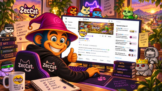 A vibrant digital illustration of a monkey in a wizard hat giving a thumbs-up while sitting at a desk, surrounded by references to "ZecCat" memes, NFTs, and Zcash.