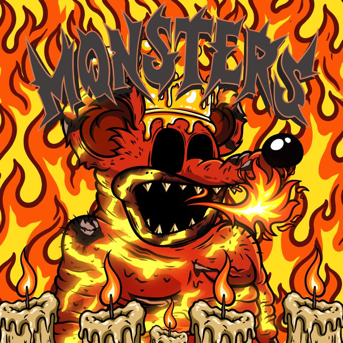 A vibrant illustration features the word 'MONSTERTRUCK' in jagged metal-style lettering above a menacing red, furry monster with sharp teeth, set against a backdrop of orange flames and lit candles.