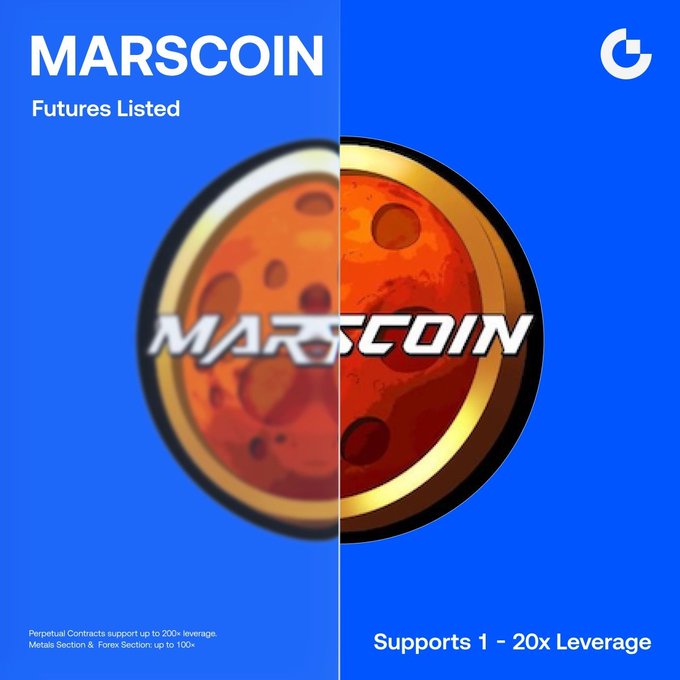 The image is a Gate Futures announcement showcasing the new listing of $MARSCOIN, featuring a stylized planet logo resembling Mars on a blue background with text highlighting that the futures contract supports up to 20x leverage.