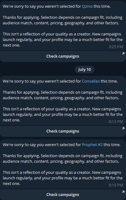 A series of rejection notifications from Qzino, Convallax, and Prophet #2 campaigns, each stating the user wasn't selected based on audience match, content, pricing, and geography factors.