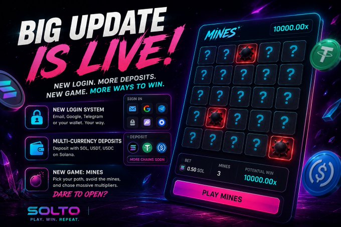 A promotional advertisement for "SOLTO" announcing a "BIG UPDATE IS LIVE!" featuring a "MINES" game interface and sign-in/deposit options.