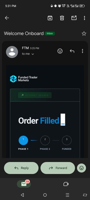 A Gmail mobile screenshot showing a 'Welcome Onboard' email from Funded Trader Markets with 'ACCOUNT OFFERED' and 'Order Filled' notification.
