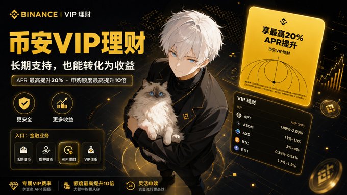 A Binance VIP理财 (VIP Wealth Management) advertisement in Chinese, featuring an anime character holding a Ragdoll cat, promoting up to 20% APR with examples like APT (1.89%-2.09%), ATOM (1.11%-1.13%), AXS (3%-4%), BTC (0.35%-0.54%), and ETH (1.7%-1.9%).