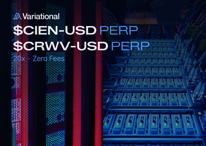 The image is a promotional graphic for Variational announcing that $CIEN-USD and $CRWV-USD perpetual futures are now live with zero fees and up to 20x leverage. The background features a stylized view of cryptocurrency mining hardware, visually reinforcing the digital asset trading theme. Text on the image displays the Variational logo along with the tickers and trading terms ("20x · Zero Fees") matching the announcement.