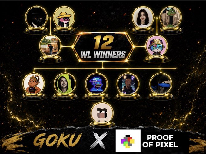 A tournament bracket graphic titled '12 WL WINNERS' sponsored by GOKU and PROOF OF PIXEL displays profile avatars of contest winners in a golden bracket layout.