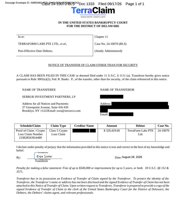 A TerraClaim document titled 'NOTICE OF TRANSFER OF CLAIM OTHER THAN FOR SECURITY' filed in the U.S. Bankruptcy Court for the District of Delaware regarding Chapter 11 case of Terraform Labs PTE Ltd. (Case No. 24-10070), showing a Class 5 Crypto Loss Claim of $329,429.60 transferred to Serrur Investment Partners, LP, dated August 28, 2026.
