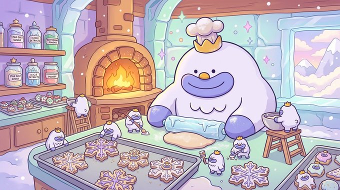 The image features a cartoon scene of a group of white, furry creatures gathered around an oven filled with cookies. These creatures are wearing chef hats and aprons as they prepare the cookies together. The oven itself has a fire burning inside, adding warmth to the scene. In the background, there is a window that allows natural light into the room, creating a cozy atmosphere for baking. The post caption reads "It'S cookie time #memecoin #Solana", which seems to be related to this image and possibly a recipe or baking tutorial.