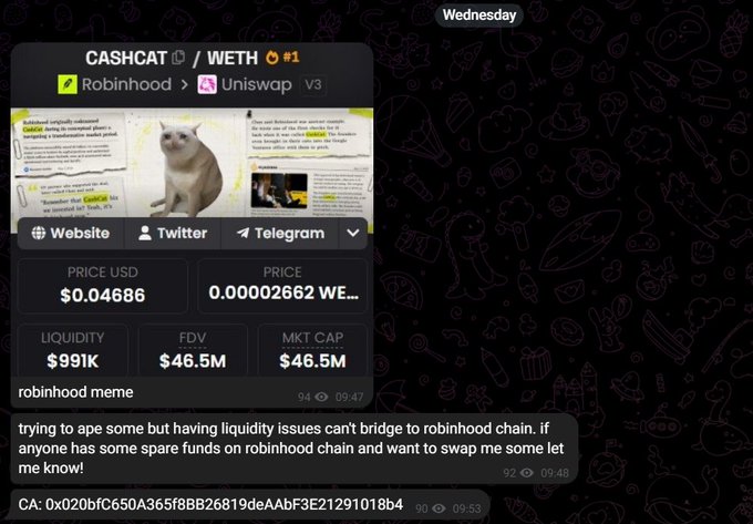 A Telegram chat screenshot shows a $CASHCAT memecoin info card with a price of $0.04686 and $991K liquidity, alongside messages in which the user boasts of buying $CASHCAT early while taunting others about missing out on the token.