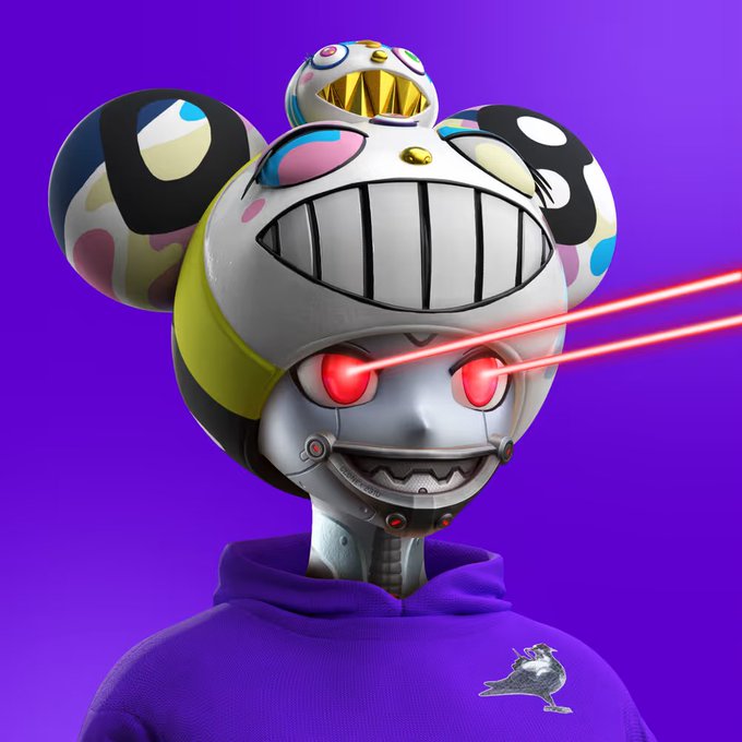 A 3D-rendered robotic character with a large, colorful head and glowing red eyes shooting red laser beams, wearing a purple hoodie.
