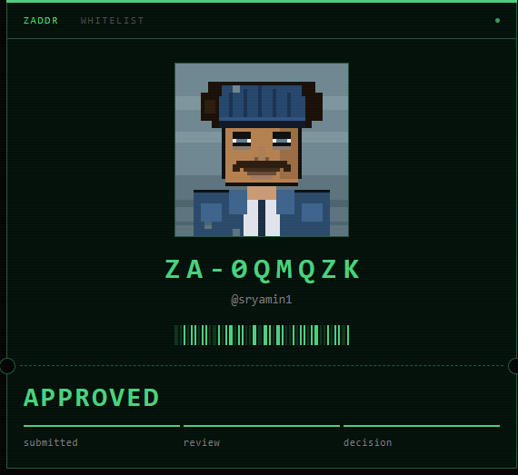 A ZADDR whitelist card featuring a pixel-art character in a blue beanie, ID 'ZA-0QMQZK', user '@sryamin1', marked 'APPROVED'.