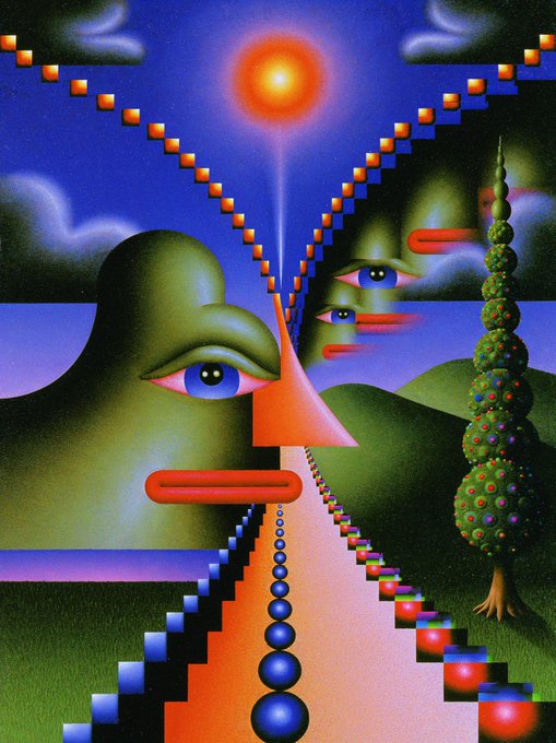 A surreal digital painting featuring two large, abstract green faces with blue eyes, geometric shapes, a bright sun, and a decorated tree set against a deep blue sky.