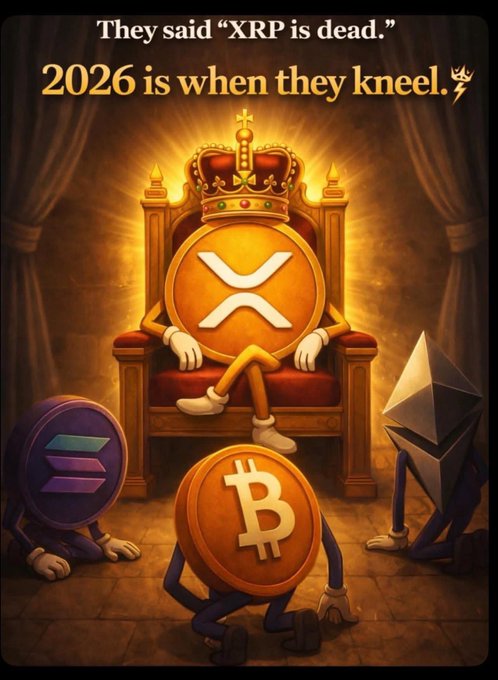 A digitally illustrated crypto meme with text reading "They said 'XRP is dead.' 2026 is when they kneel.", showing the XRP coin wearing a crown and sitting on a throne while Solana, Bitcoin, and Ethereum coins kneel before it.