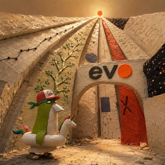 3D rendered scene of a green dinosaur-like figure with a unicorn floatie and 'Make America Great' hat standing before a stone archway marked 'evo' under a glowing orange sky.