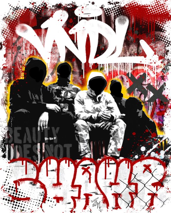 A punk/grunge style graphic poster with the text 'INDIE', 'BEAUTY DOES NOT', and graffiti-style lettering in red, white, and black.