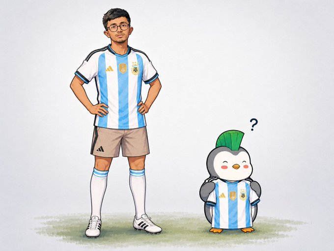 A cartoon-style illustration of a tall man wearing glasses and an Argentina national football team jersey and shorts, standing with hands on hips next to a small confused penguin mascot also wearing an Argentina jersey with a question mark above its head.