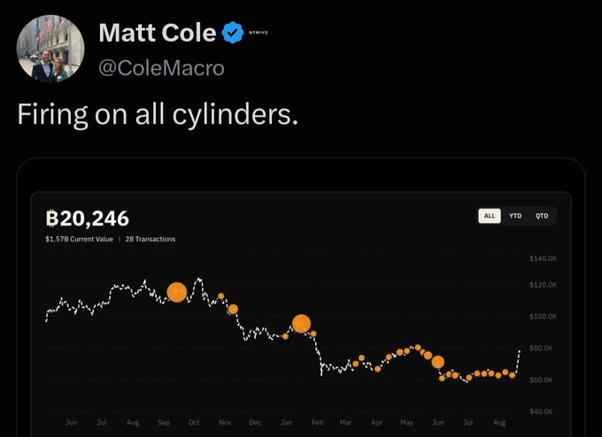 A tweet from Matt Cole (@ColeMacro) saying "Firing on all cylinders." with a chart showing B20,246 with $1.57B Current Value and 28 Transactions.
