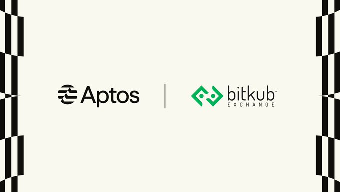 A promotional graphic displays the Aptos logo alongside the Bitkub Exchange logo, separated by a vertical line on a white background with decorative borders.