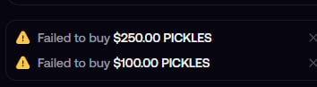 The image shows two error messages from a Roblox game interface displaying "Failed to buy $25000 PICKLES" and "Failed to buy $100000 PICKLES," which humorously highlights the absurdity of the $10,000 pumpkin purchase shown in the post. The repeated transaction failures at increasingly high amounts poke fun at the "saw it at 10k" comment, suggesting the pickle-selling trend may be a better opportunity than the overpriced pumpkin.