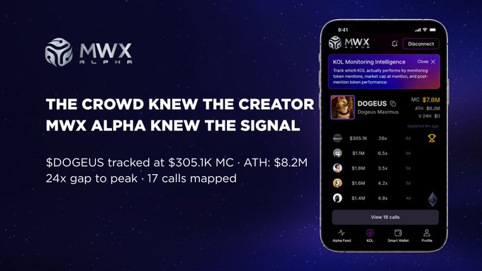 In this image, there are two different cell phones displayed side by side next to each other against a dark blue background. The larger phone has a logo for $Mwx and information about cryptocurrency, while the smaller phone displays its own features such as call logs or notifications from another app. Above these phones, there is text explaining the concept of an AI that "KWX knows the signal", possibly suggesting some form of artificial intelligence or machine learning based on the data collected in their system. There's also a price listed for $DOGEUS MC to $8.2M ATH. The post highlights that the creator was paid a sum of $305.1K MC to create an AI-based tracking mechanism, which is now being used by another service for monitoring intelligent behavior and social interactions. This information can be helpful for understanding the current context or purpose behind this application.