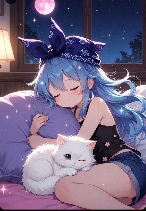 A serene anime-style illustration shows a blue-haired girl with a large bow peacefully resting beside a fluffy white cat on a bed, with a moonlit starry night visible through the window behind them. The cozy, dreamy artwork complements the post's relaxing Friday night vibe, evoking the calm, community-focused sentiment of supporting the River ecosystem.